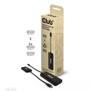 CLUB3D USB-C 4 prievadų 10G duomenų šakotuvas su PD3.0 įkrovimu, laidinis, USB 3.2 Gen 1 (3.1 Gen 1) Type-C, 100 W, juodas, 10 Gbit/s, USB