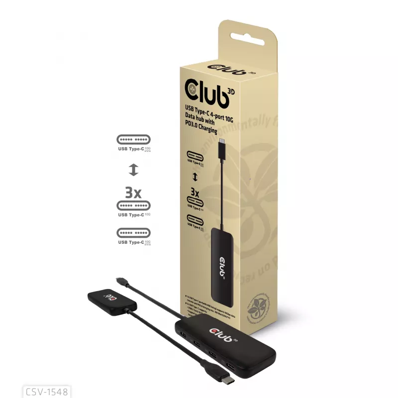 CLUB3D USB-C 4 prievadų 10G duomenų šakotuvas su PD3.0 įkrovimu, laidinis, USB 3.2 Gen 1 (3.1 Gen 1) Type-C, 100 W, juodas, 10 Gbit/s, USB