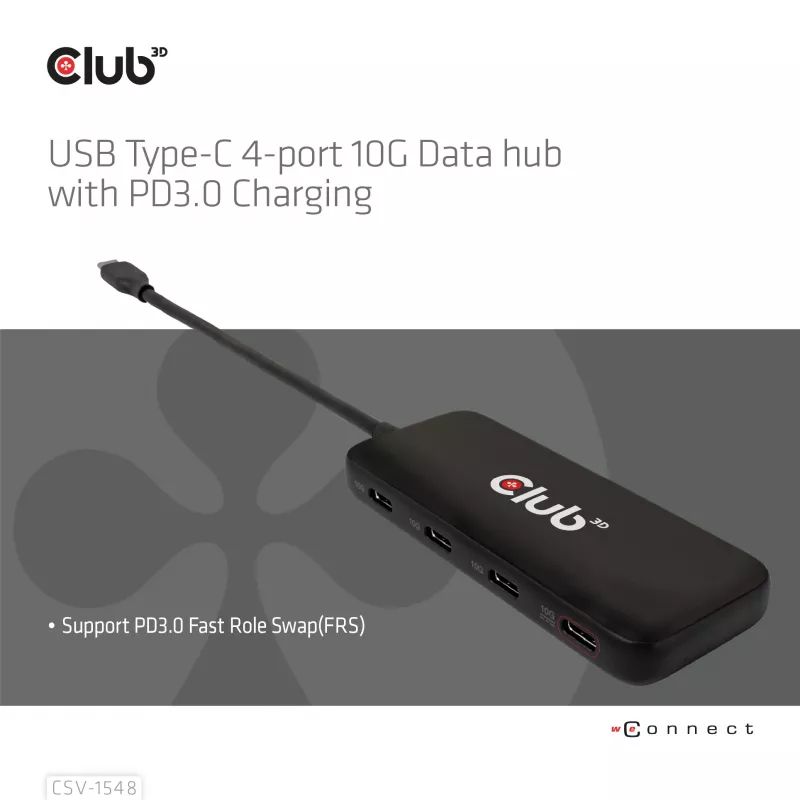 CLUB3D USB-C 4 prievadų 10G duomenų šakotuvas su PD3.0 įkrovimu, laidinis, USB 3.2 Gen 1 (3.1 Gen 1) Type-C, 100 W, juodas, 10 Gbit/s, USB