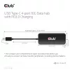 CLUB3D USB-C 4 prievadų 10G duomenų šakotuvas su PD3.0 įkrovimu, laidinis, USB 3.2 Gen 1 (3.1 Gen 1) Type-C, 100 W, juodas, 10 Gbit/s, USB