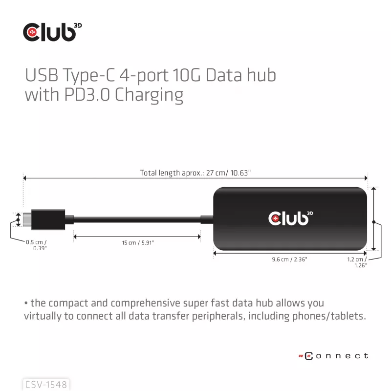 CLUB3D USB-C 4 prievadų 10G duomenų šakotuvas su PD3.0 įkrovimu, laidinis, USB 3.2 Gen 1 (3.1 Gen 1) Type-C, 100 W, juodas, 10 Gbit/s, USB