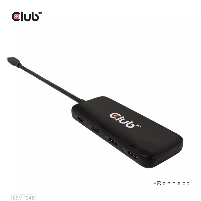 CLUB3D USB-C 4 prievadų 10G duomenų šakotuvas su PD3.0 įkrovimu, laidinis, USB 3.2 Gen 1 (3.1 Gen 1) Type-C, 100 W, juodas, 10 Gbit/s, USB