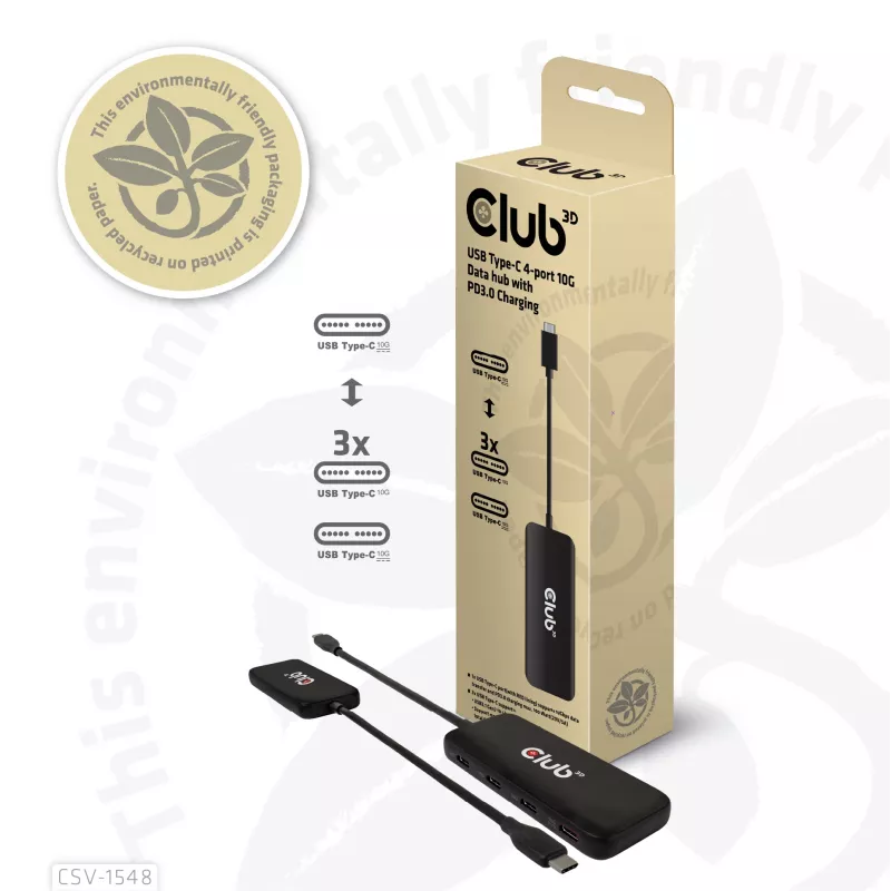 CLUB3D USB-C 4 prievadų 10G duomenų šakotuvas su PD3.0 įkrovimu, laidinis, USB 3.2 Gen 1 (3.1 Gen 1) Type-C, 100 W, juodas, 10 Gbit/s, USB