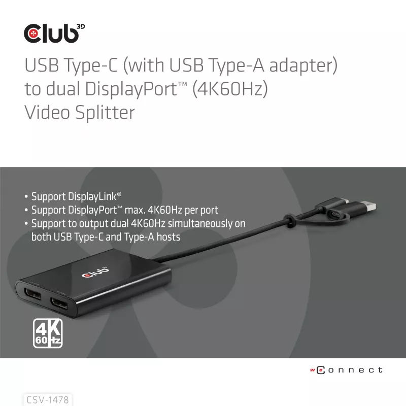 Vaizdo skirstytuvas Club 3D CSV-1478 USB Type-C (su USB-A adapteriu) į du DisplayPort 4K60Hz, juodas