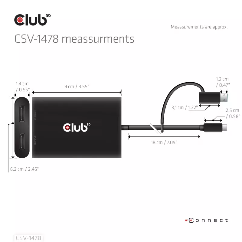 Vaizdo skirstytuvas Club 3D CSV-1478 USB Type-C (su USB-A adapteriu) į du DisplayPort 4K60Hz, juodas