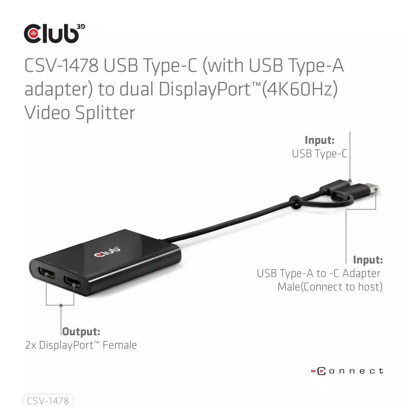 Vaizdo skirstytuvas Club 3D CSV-1478 USB Type-C (su USB-A adapteriu) į du DisplayPort 4K60Hz, juodas