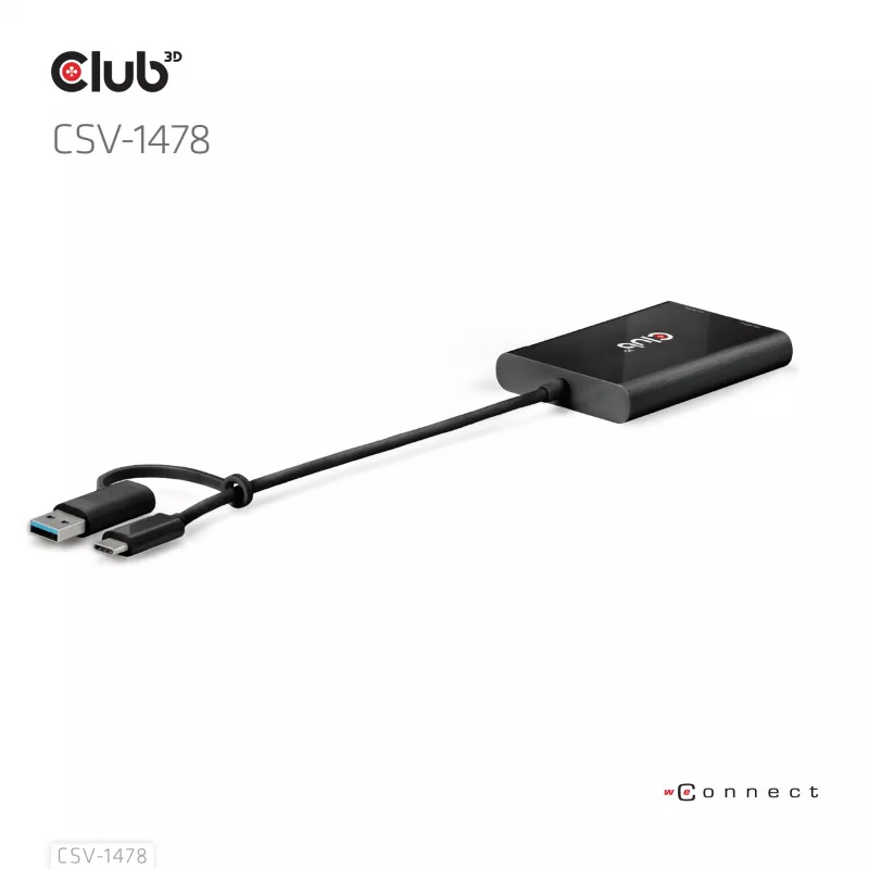 Vaizdo skirstytuvas Club 3D CSV-1478 USB Type-C (su USB-A adapteriu) į du DisplayPort 4K60Hz, juodas