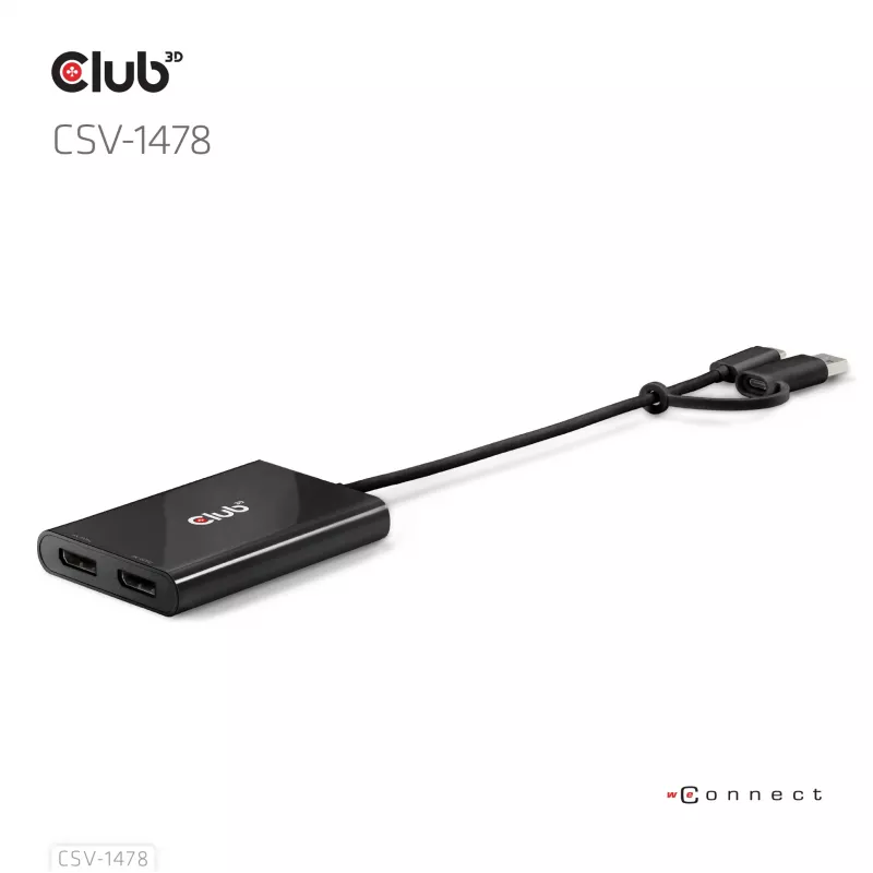 Vaizdo skirstytuvas Club 3D CSV-1478 USB Type-C (su USB-A adapteriu) į du DisplayPort 4K60Hz, juodas