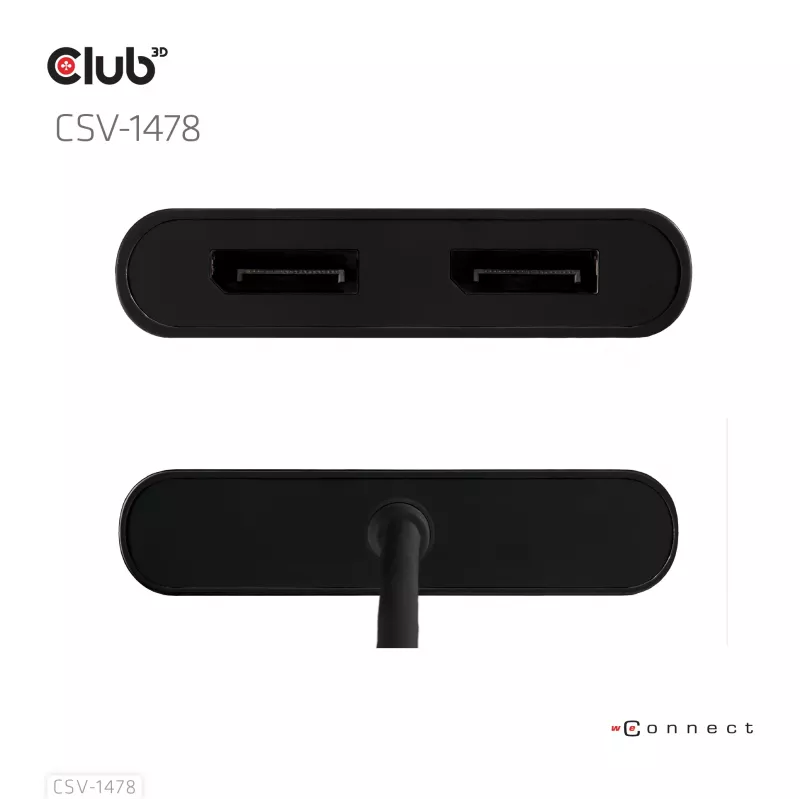 Vaizdo skirstytuvas Club 3D CSV-1478 USB Type-C (su USB-A adapteriu) į du DisplayPort 4K60Hz, juodas