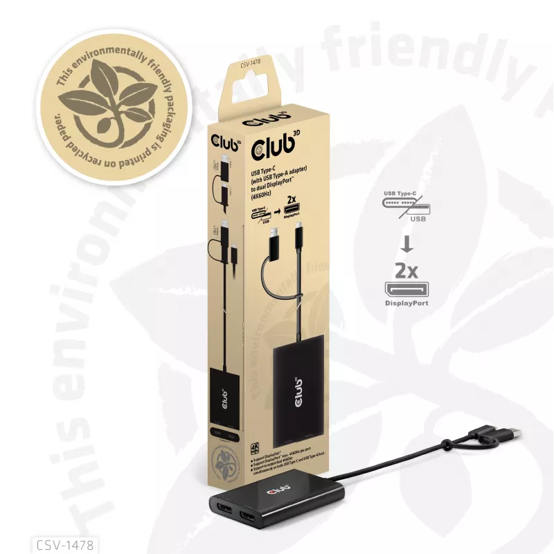 Vaizdo skirstytuvas Club 3D CSV-1478 USB Type-C (su USB-A adapteriu) į du DisplayPort 4K60Hz, juodas