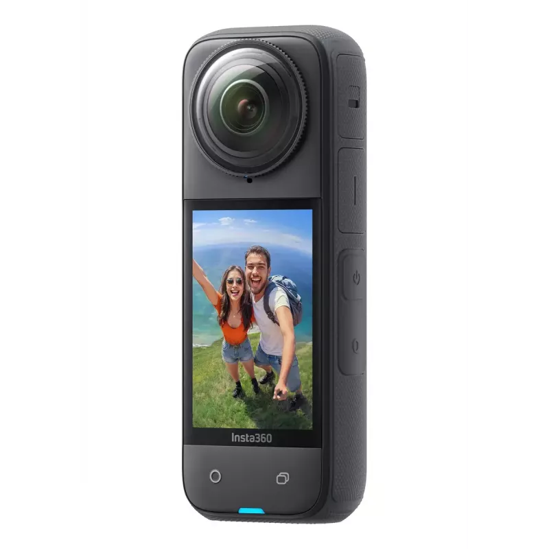 Veiksmo kamera Insta360 X4 — 72 MP, 8K (7680×3840) CMOS, 1/2 colio jutiklis, įmontuotas ekranas, Wi‑Fi, 120 kadrų per sekundę, MicroSD, 602 g, juoda
