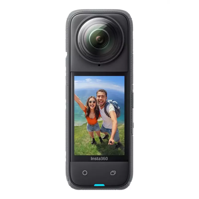 Veiksmo kamera Insta360 X4 — 72 MP, 8K (7680×3840) CMOS, 1/2 colio jutiklis, įmontuotas ekranas, Wi‑Fi, 120 kadrų per sekundę, MicroSD, 602 g, juoda