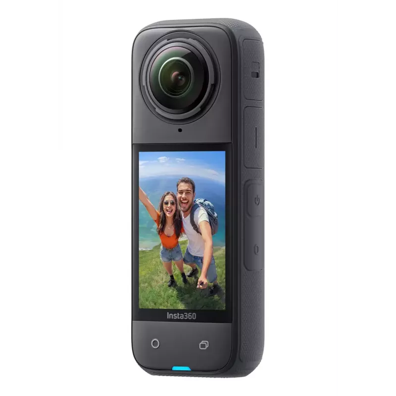 Veiksmo kamera Insta360 X4 — 72 MP, 8K (7680×3840) CMOS, 1/2 colio jutiklis, įmontuotas ekranas, Wi‑Fi, 120 kadrų per sekundę, MicroSD, 602 g, juoda