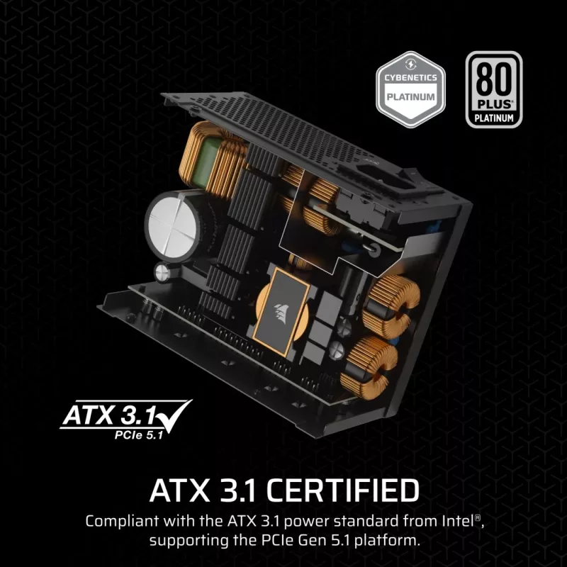 Maitinimo blokas CORSAIR CP-9020257-EU — 1000 W, 24 kontaktų ATX, 80 PLUS Gold, 140 mm ventiliatorius, juodas