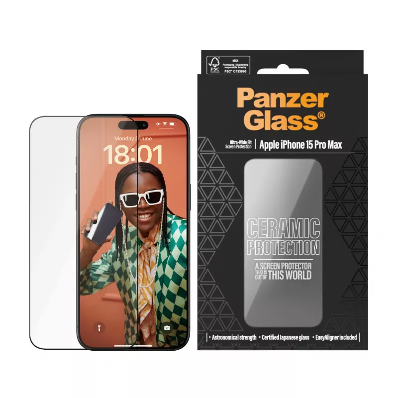 PanzerGlass ® Ceramic Protection, skirta iPhone 15 Pro Max | Ultra-Wide Fit su EasyAligner