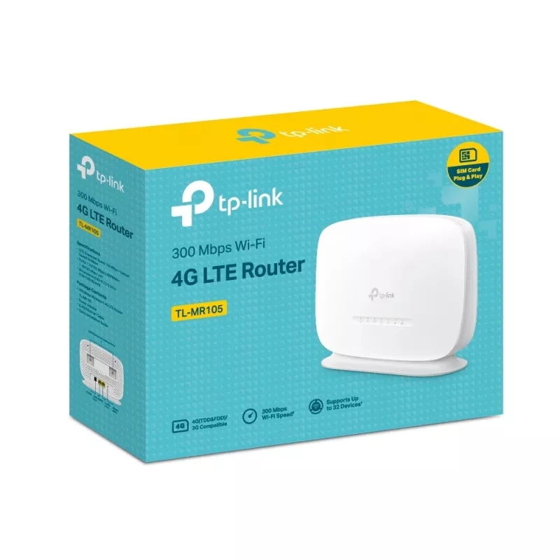 TP-Link 300 Mbps Wireless N 4G LTE maršrutizatorius, Wi-Fi 4 (802.11n), vienos juostos (2,4 GHz), Ethernet LAN, 4G, baltas, stalinis maršrutizatorius