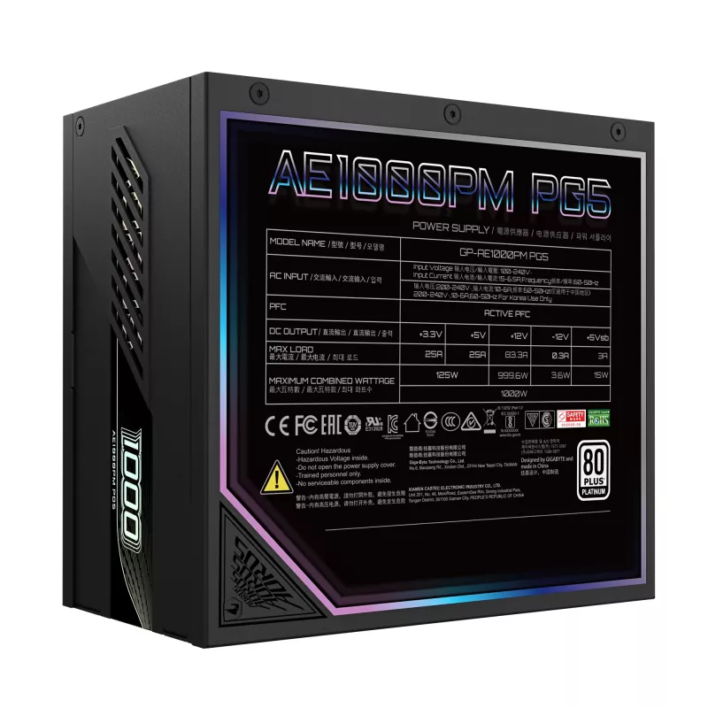 GIGABYTE AORUS ELITE P1000W ICE Maitinimo blokas - PCIe 5.0, 80 PLUS Platinum, visiškai modulinis dizainas, 120 mm ventiliatorius, suderinamas su ATX 3.0, EU kištukas