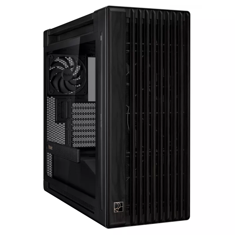 PC korpusas ASUS ProArt PA602 Wood Edition Midi Tower juoda – Mediena, ATX/EATX palaikymas, Grūdintas stiklas, 4×3,5 colio / 8×2,5 colio, GPU iki 450 mm