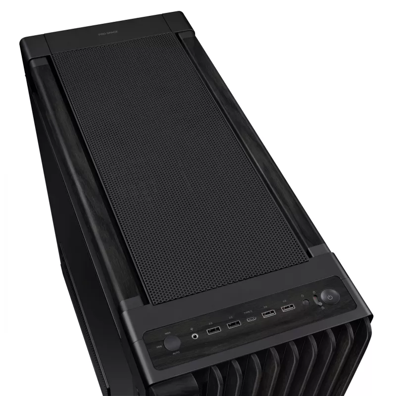 PC korpusas ASUS ProArt PA602 Wood Edition Midi Tower juoda – Mediena, ATX/EATX palaikymas, Grūdintas stiklas, 4×3,5 colio / 8×2,5 colio, GPU iki 450 mm