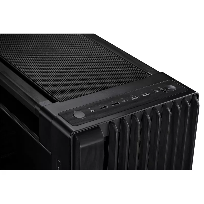 PC korpusas ASUS ProArt PA602 Wood Edition Midi Tower juoda – Mediena, ATX/EATX palaikymas, Grūdintas stiklas, 4×3,5 colio / 8×2,5 colio, GPU iki 450 mm