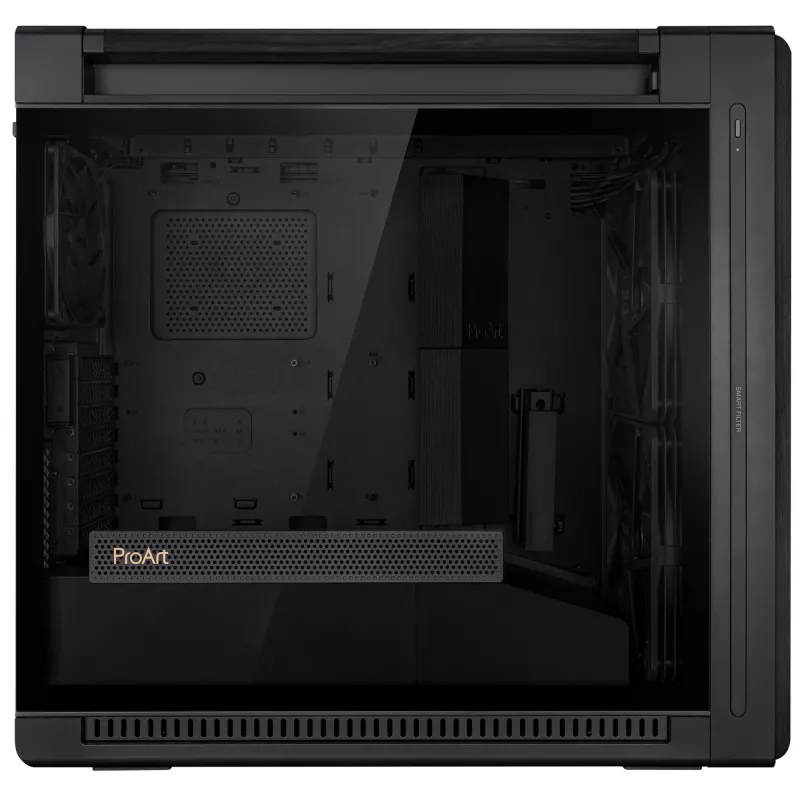 PC korpusas ASUS ProArt PA602 Wood Edition Midi Tower juoda – Mediena, ATX/EATX palaikymas, Grūdintas stiklas, 4×3,5 colio / 8×2,5 colio, GPU iki 450 mm