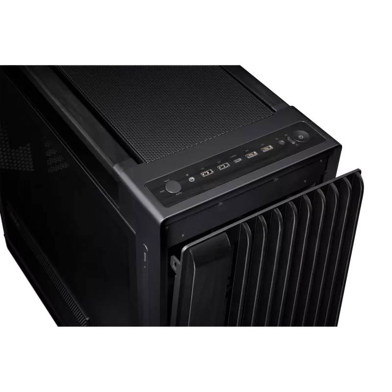 PC korpusas ASUS ProArt PA602 Wood Edition Midi Tower juoda – Mediena, ATX/EATX palaikymas, Grūdintas stiklas, 4×3,5 colio / 8×2,5 colio, GPU iki 450 mm