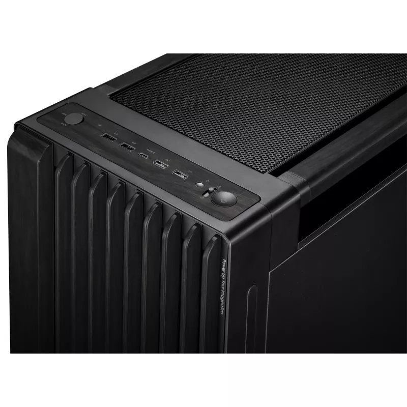 PC korpusas ASUS ProArt PA602 Wood Edition Midi Tower juoda – Mediena, ATX/EATX palaikymas, Grūdintas stiklas, 4×3,5 colio / 8×2,5 colio, GPU iki 450 mm