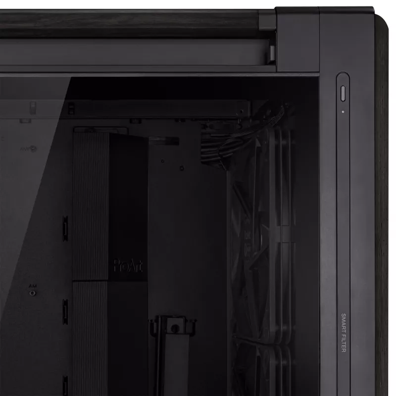PC korpusas ASUS ProArt PA602 Wood Edition Midi Tower juoda – Mediena, ATX/EATX palaikymas, Grūdintas stiklas, 4×3,5 colio / 8×2,5 colio, GPU iki 450 mm