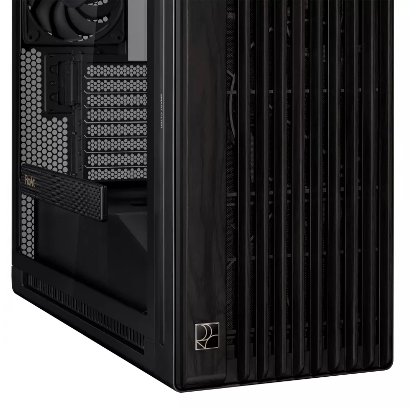 PC korpusas ASUS ProArt PA602 Wood Edition Midi Tower juoda – Mediena, ATX/EATX palaikymas, Grūdintas stiklas, 4×3,5 colio / 8×2,5 colio, GPU iki 450 mm