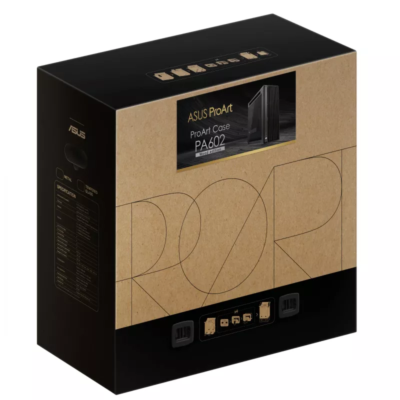 PC korpusas ASUS ProArt PA602 Wood Edition Midi Tower juoda – Mediena, ATX/EATX palaikymas, Grūdintas stiklas, 4×3,5 colio / 8×2,5 colio, GPU iki 450 mm