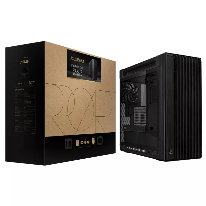 PC korpusas ASUS ProArt PA602 Wood Edition Midi Tower juoda – Mediena, ATX/EATX palaikymas, Grūdintas stiklas, 4×3,5 colio / 8×2,5 colio, GPU iki 450 mm