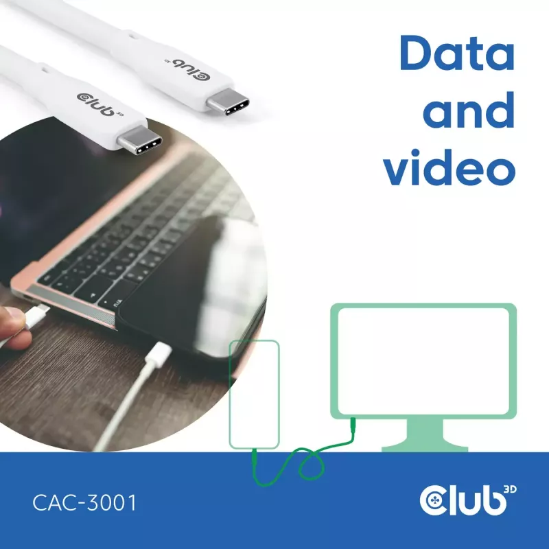 USB-C laidas CLUB3D CAC-3001 2 m USB4 Gen 3x2 baltas
