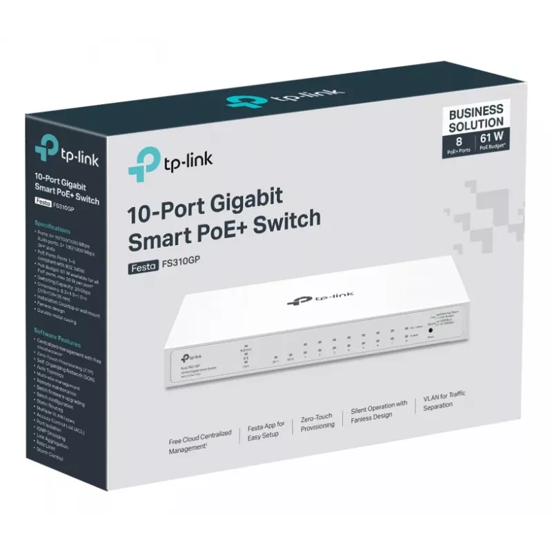 TP-Link FESTA FS310GP tinklo jungiklis Valdomas L2/L2+ Gigabit Ethernet (10/100/1000) Power over Ethernet (PoE) 1U Baltas
