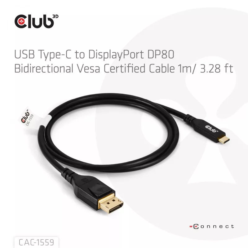 USB Type-C į DisplayPort 2.1 laidas, club 3d CAC-1559, dvipusis, VESA DP80 sertifikuotas, 1 m