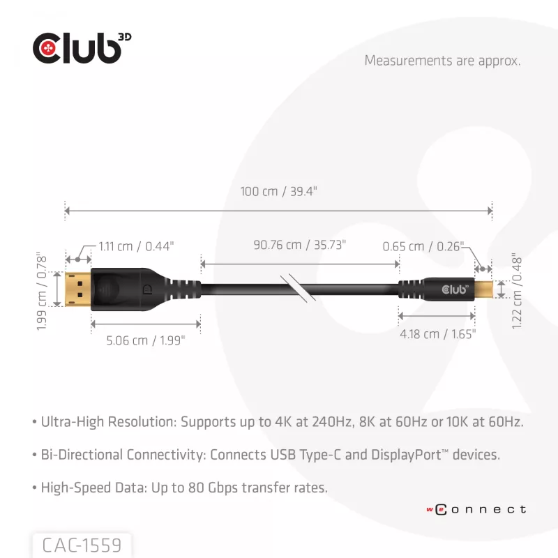 USB Type-C į DisplayPort 2.1 laidas, club 3d CAC-1559, dvipusis, VESA DP80 sertifikuotas, 1 m