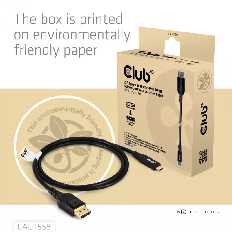 USB Type-C į DisplayPort 2.1 laidas, club 3d CAC-1559, dvipusis, VESA DP80 sertifikuotas, 1 m
