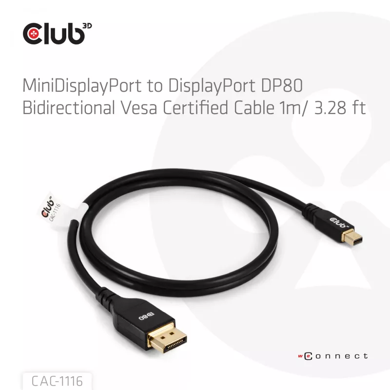 CLUB3D Mini DisplayPort™ į DisplayPort™ Dvikryptis VESA DP80 Sertifikuotas Kabelis M/M 1m/3.28ft