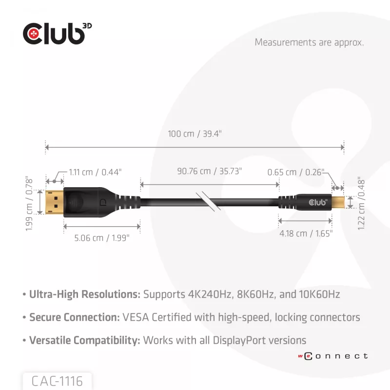 CLUB3D Mini DisplayPort™ į DisplayPort™ Dvikryptis VESA DP80 Sertifikuotas Kabelis M/M 1m/3.28ft