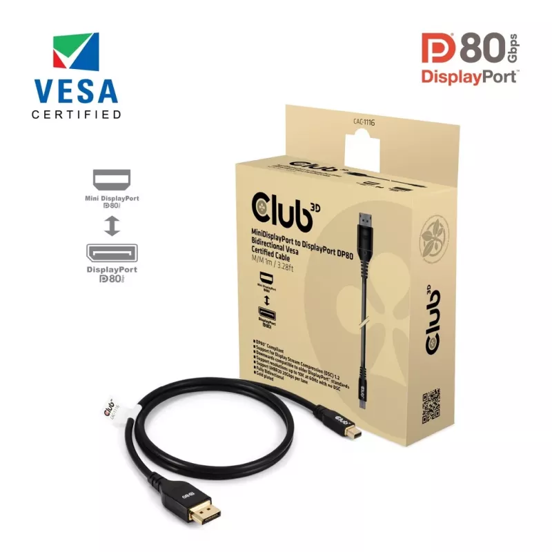 CLUB3D Mini DisplayPort™ į DisplayPort™ Dvikryptis VESA DP80 Sertifikuotas Kabelis M/M 1m/3.28ft