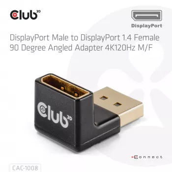 Adapter club 3d DisplayPort vyriška į DisplayPort 1.4 moteriška 90° kampuota, palaiko 4K@120Hz