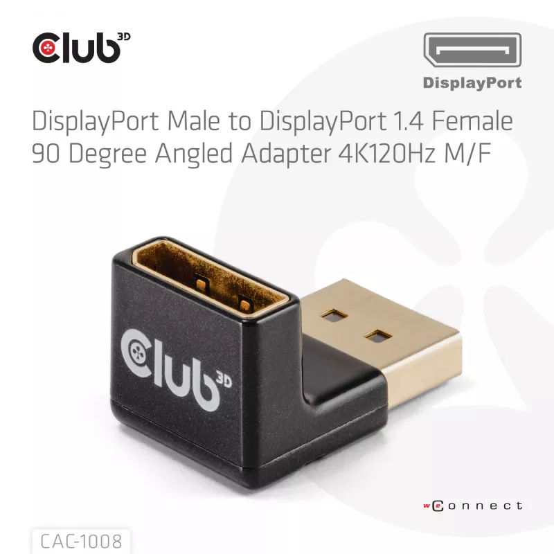 Adapter club 3d DisplayPort vyriška į DisplayPort 1.4 moteriška 90° kampuota, palaiko 4K@120Hz