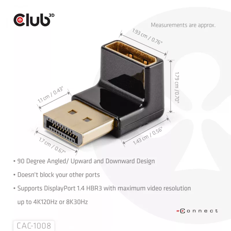 Adapter club 3d DisplayPort vyriška į DisplayPort 1.4 moteriška 90° kampuota, palaiko 4K@120Hz