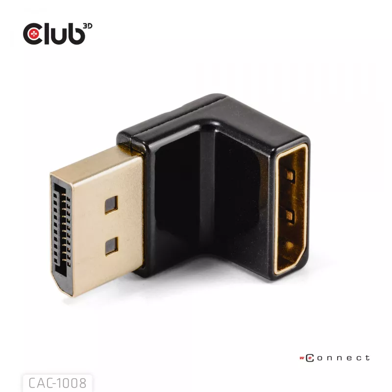 Adapter club 3d DisplayPort vyriška į DisplayPort 1.4 moteriška 90° kampuota, palaiko 4K@120Hz