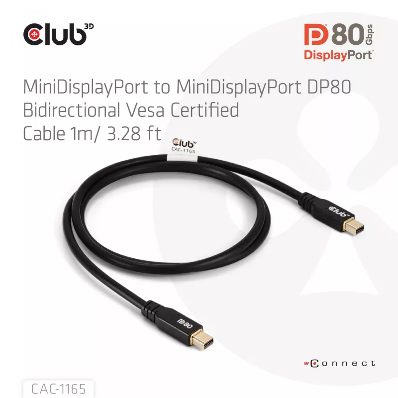 CLUB3D MiniDisplayPort™ į MiniDisplayPort dvikryptis VESA DP80 sertifikuotas laidas M/M 1 m/3,28 pėd.