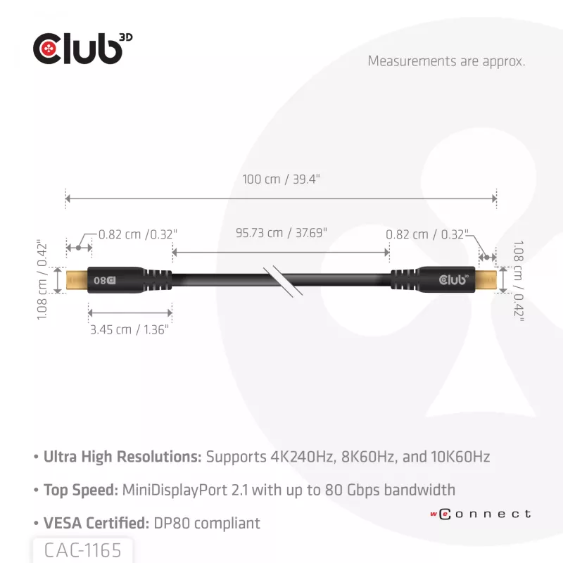 CLUB3D MiniDisplayPort™ į MiniDisplayPort dvikryptis VESA DP80 sertifikuotas laidas M/M 1 m/3,28 pėd.