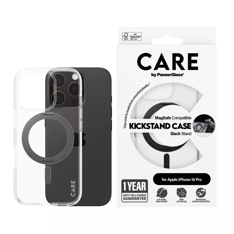 PanzerGlass CARE™ by ® Dėklas Skaidrus su Juodu Stovu ir MagSafe iPhone 16 Pro