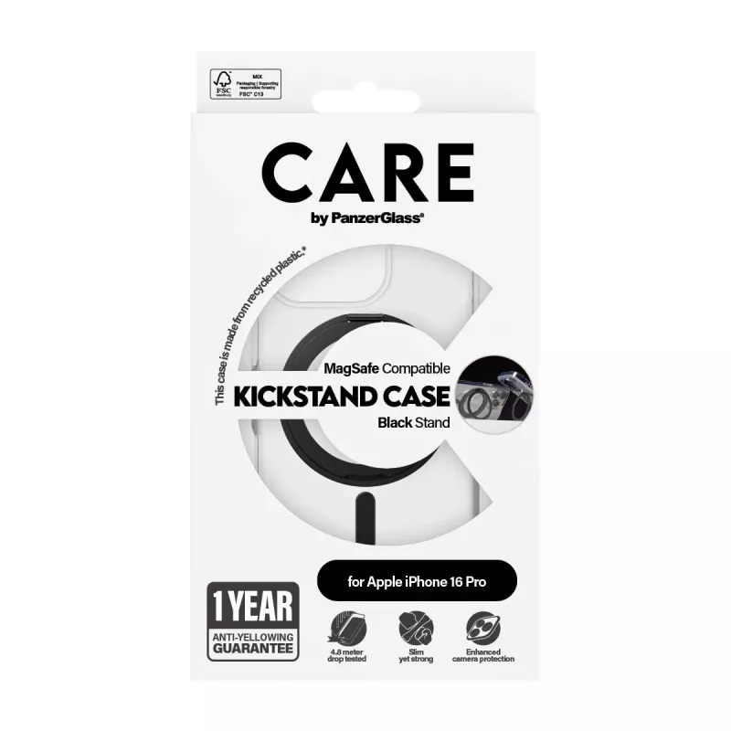 PanzerGlass CARE™ by ® Dėklas Skaidrus su Juodu Stovu ir MagSafe iPhone 16 Pro