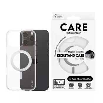 PanzerGlass CARE™ by ® Dėklas permatomas su sidabriniu stoveliu ir MagSafe, skirtas iPhone 16 Pro Max