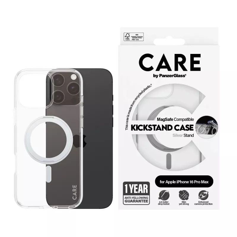 PanzerGlass CARE™ by ® Dėklas permatomas su sidabriniu stoveliu ir MagSafe, skirtas iPhone 16 Pro Max