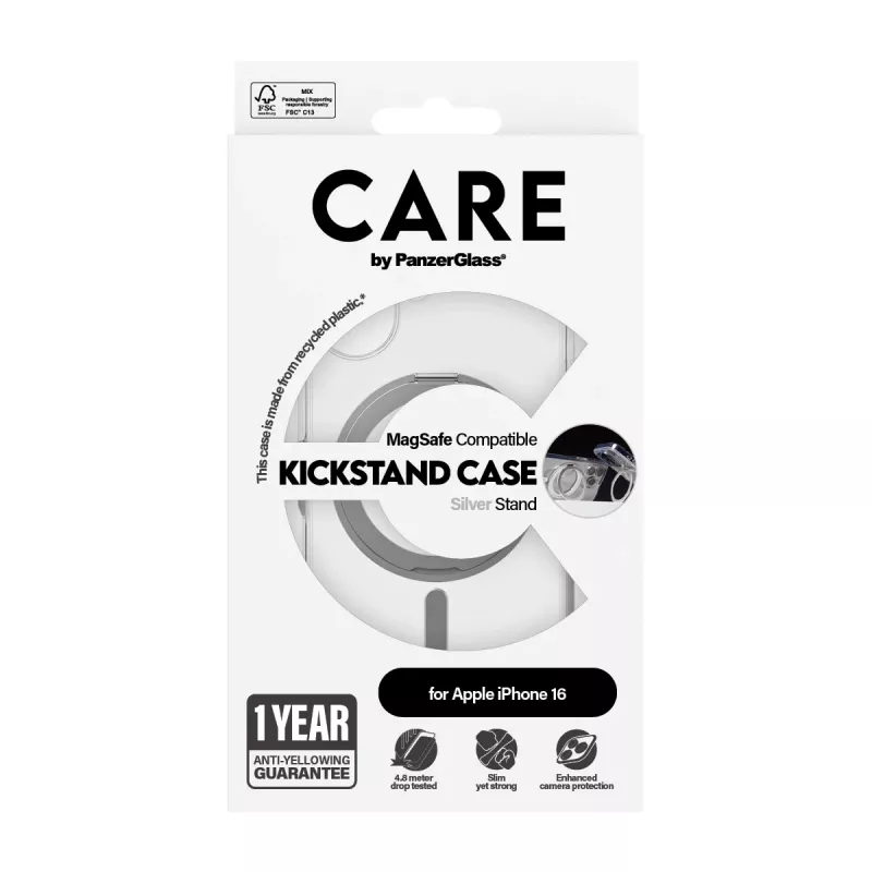 PanzerGlass CARE™ by ® Dėklas permatomas su sidabriniu stovu ir MagSafe iPhone 16
